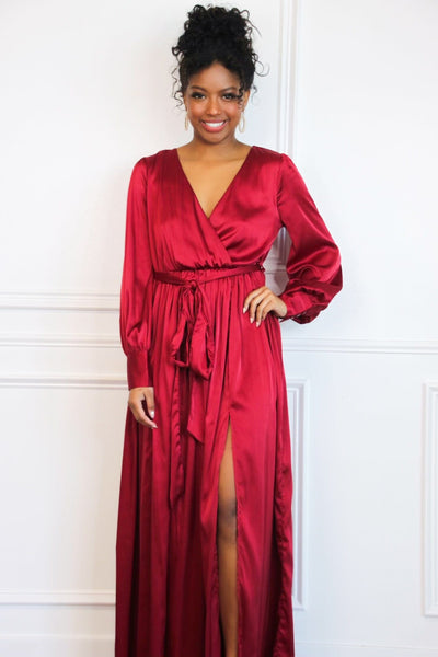 Jordana Long Sleeve Satin Maxi Dress: Burgundy - Bella and Bloom Boutique