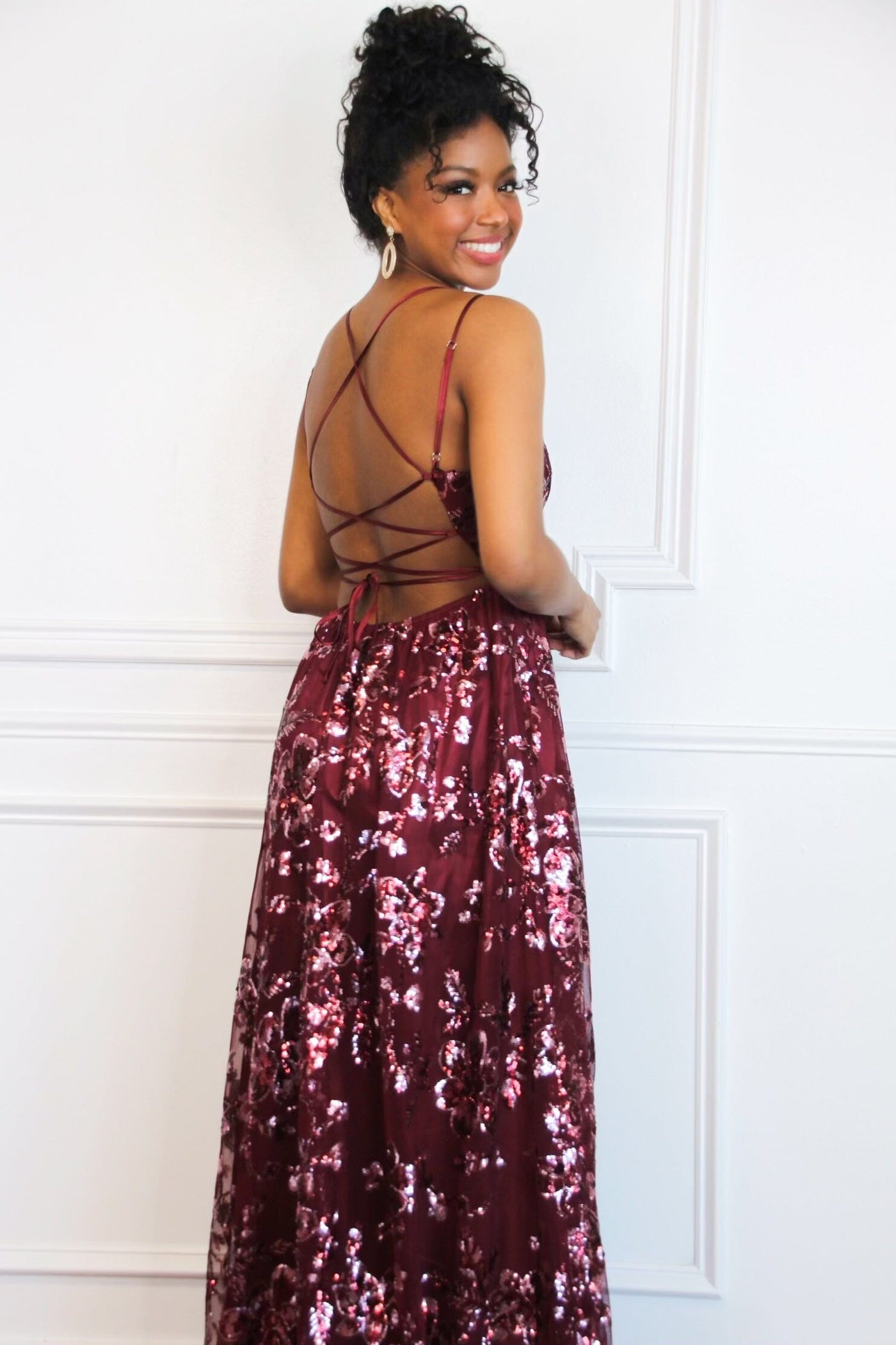 Bella and Bloom Boutique - Maya Sequin Open Back Maxi Dress: Burgundy Bella and Bloom Boutique - Maya Sequin Open Back Maxi Dress: Burgundy