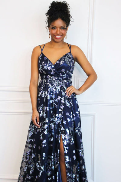 Maya Sequin Open Back Maxi Dress: Navy - Bella and Bloom Boutique
