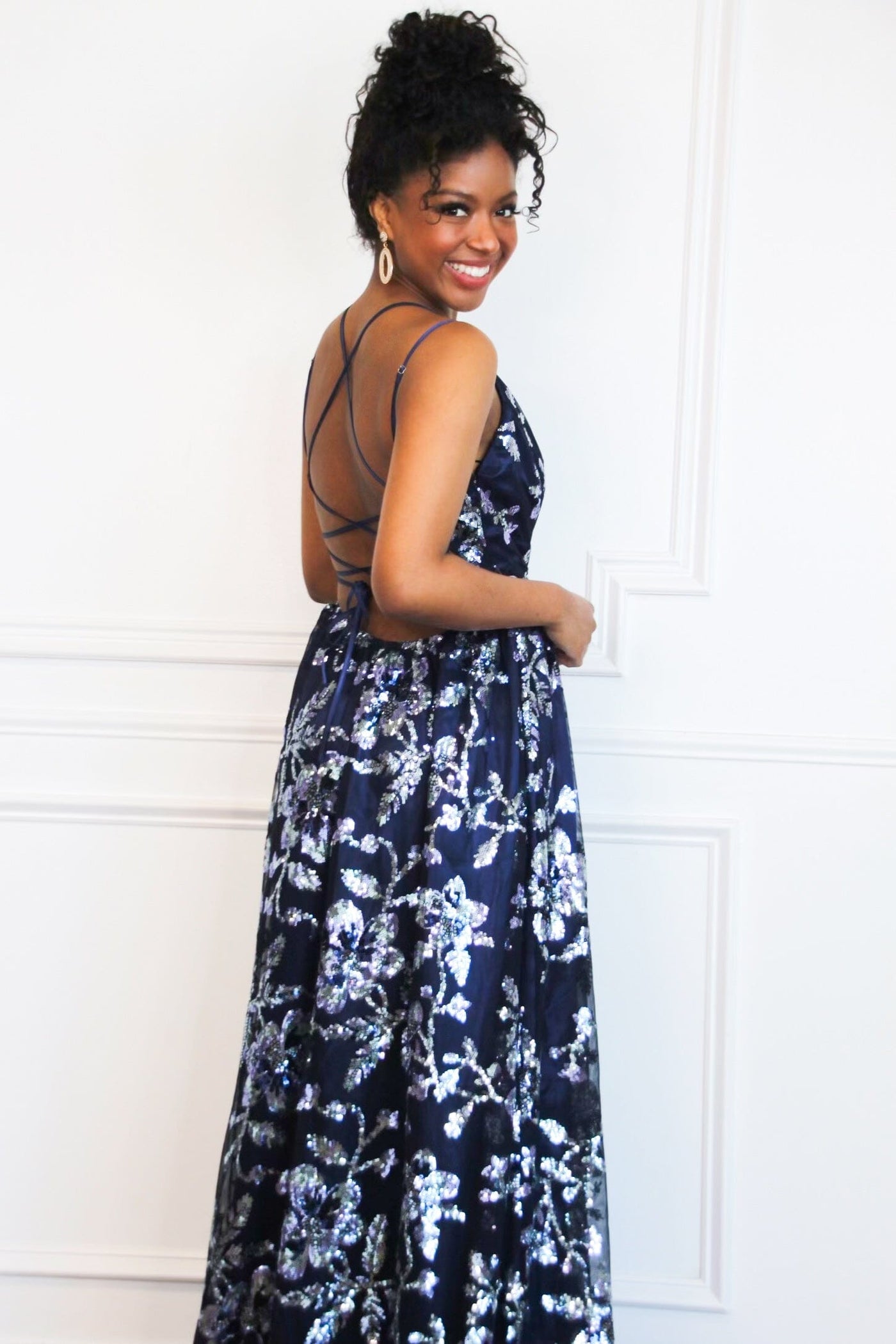 Maya Sequin Open Back Maxi Dress: Navy - Bella and Bloom Boutique