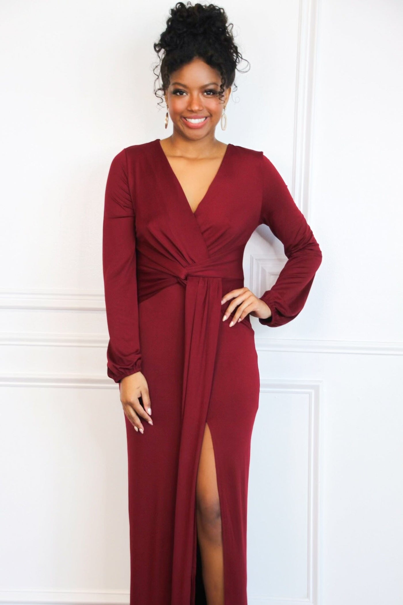 Phoebe Long Sleeve Maxi Dress: Burgundy - Bella and Bloom Boutique