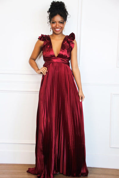 Somewhere With You Pleated Open Back Maxi Dress: Burgundy - Bella and Bloom Boutique
