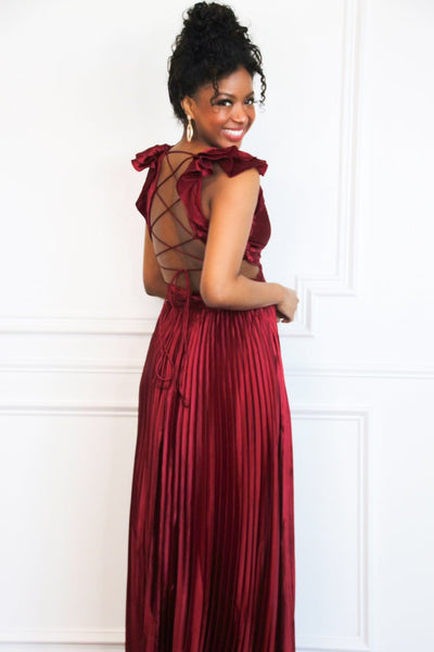 Somewhere With You Pleated Open Back Maxi Dress: Burgundy - Bella and Bloom Boutique