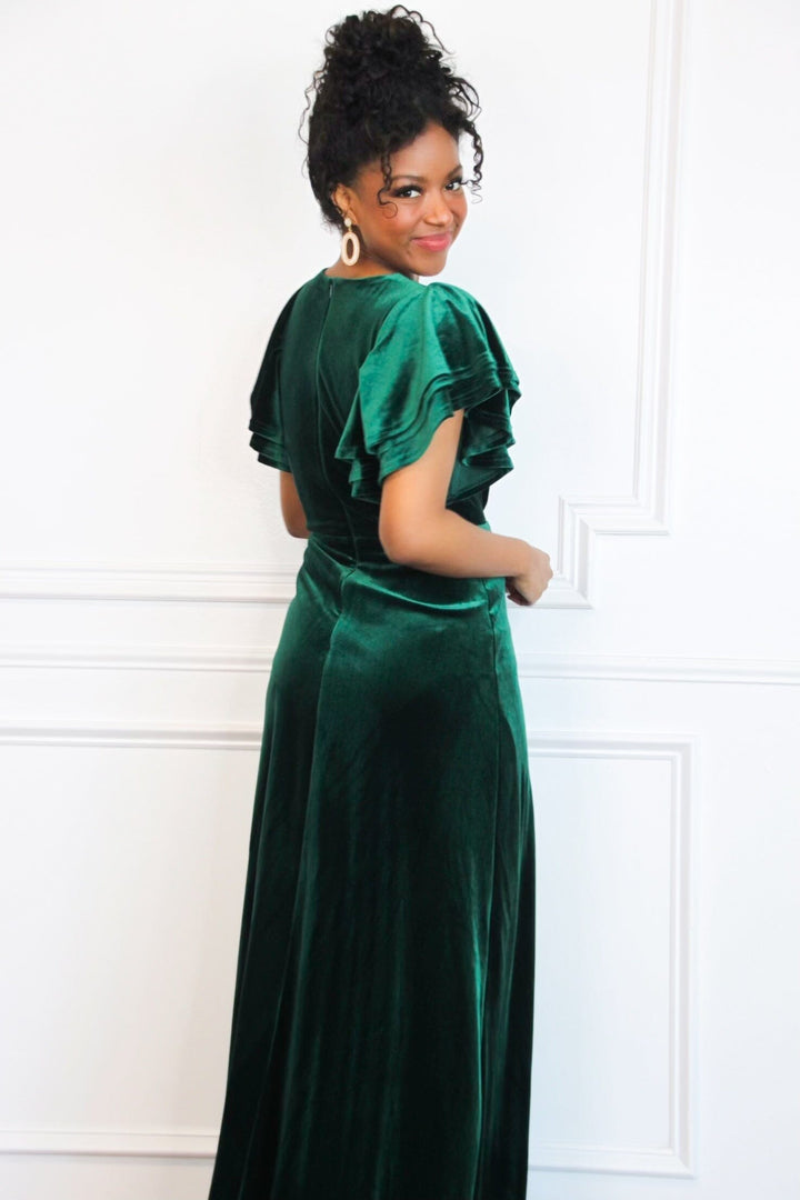 Green Velvet Dress Emerald Green Wrap Maxi Dress VELVET FLUTTER SLEEVE FAUX WRAP DRESS WITH SLIT Green Velvet Dress Emerald Green Wrap Maxi Dress VELVET FLUTTER SLEEVE FAUX WRAP DRESS WITH SLIT