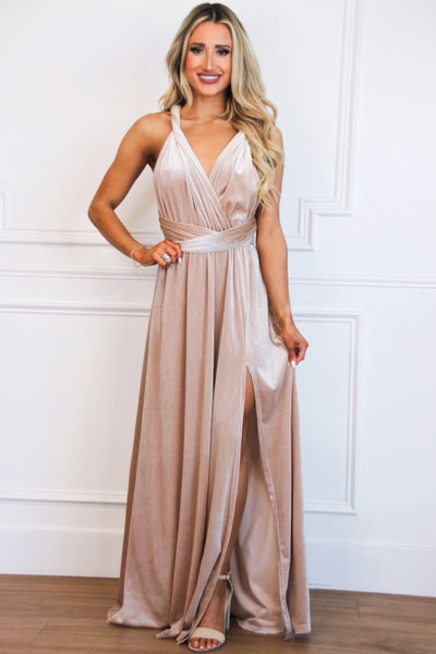 Classic Wrap Maxi Dress: Champagne VELVET - Bella and Bloom Boutique