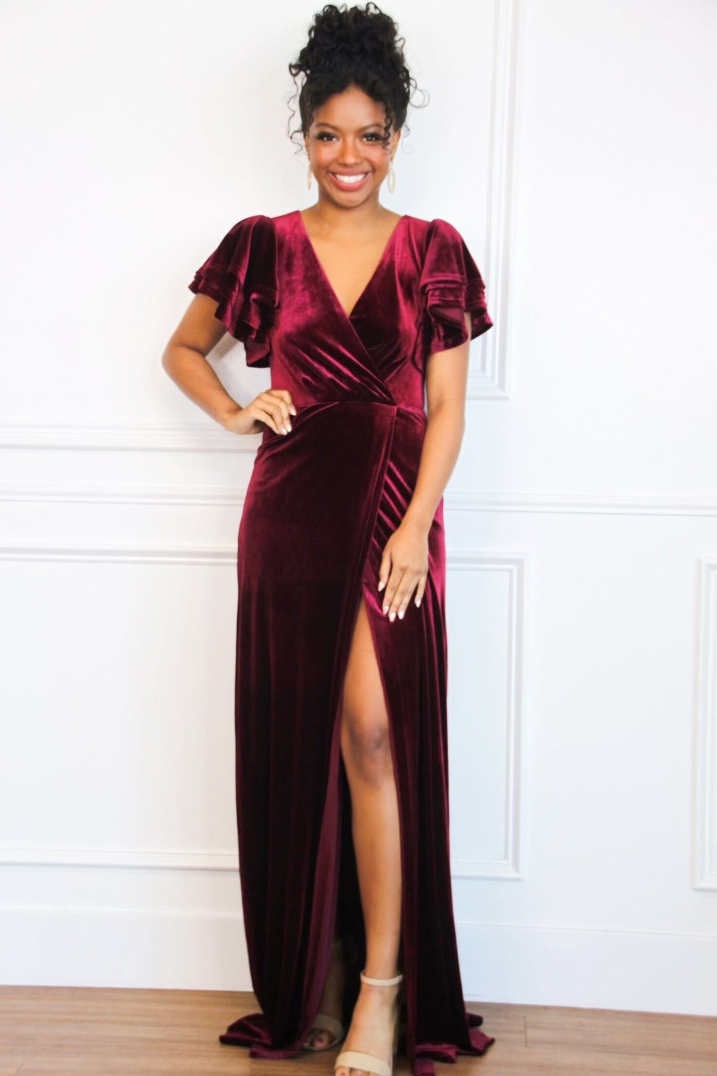 Campbell Velvet Maxi Dress: Burgundy - Bella and Bloom Boutique