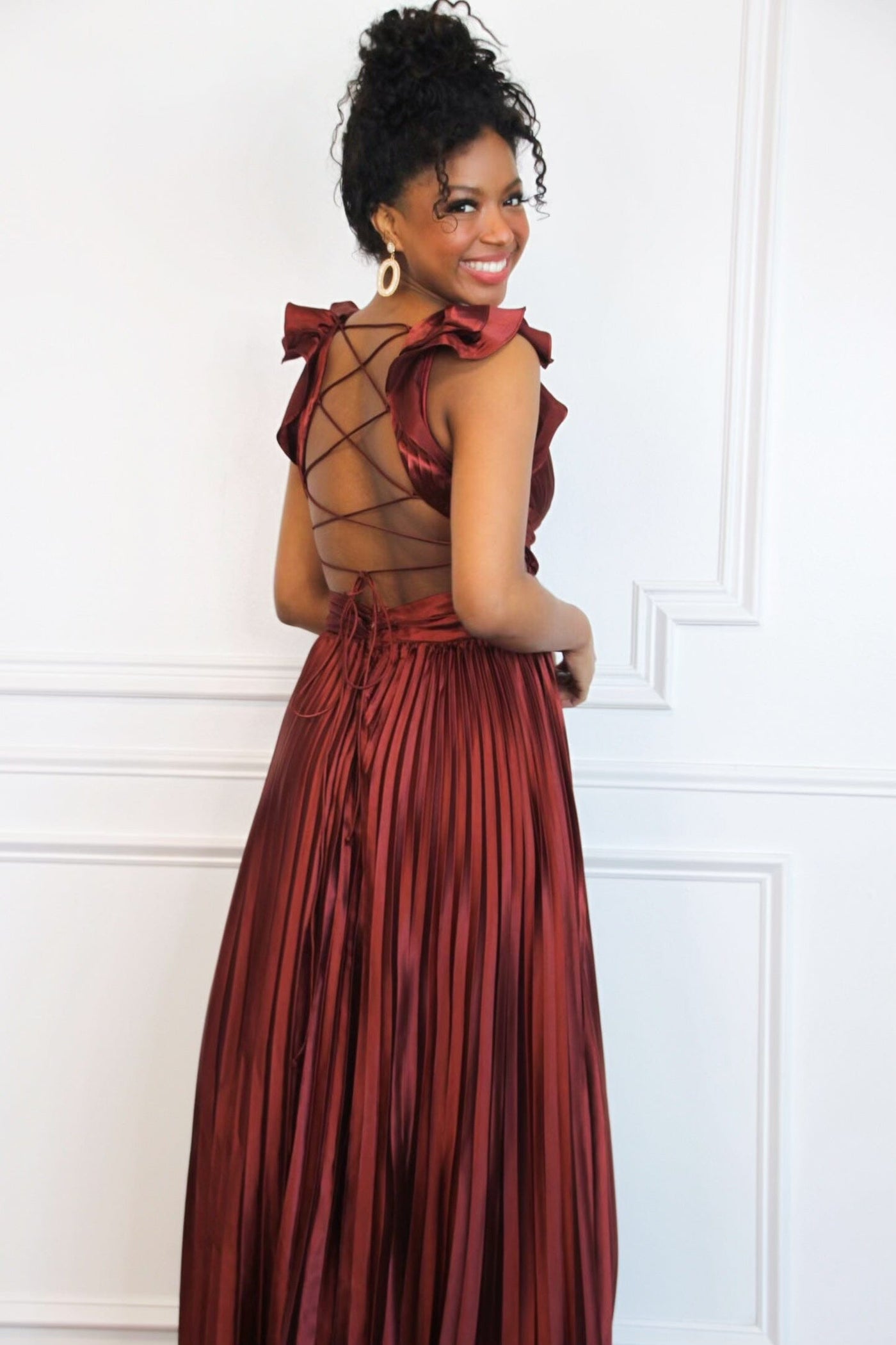 Somewhere With You Pleated Open Back Maxi Dress: Rust - Bella and Bloom Boutique