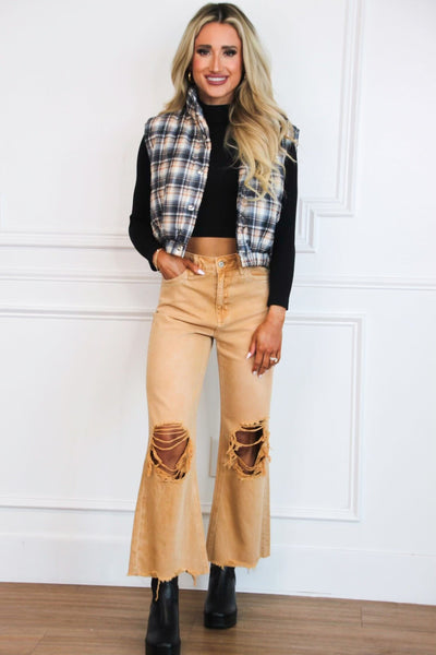 Leslie Distressed Straight High Waisted Crop Flare Denim: Tan - Bella and Bloom Boutique