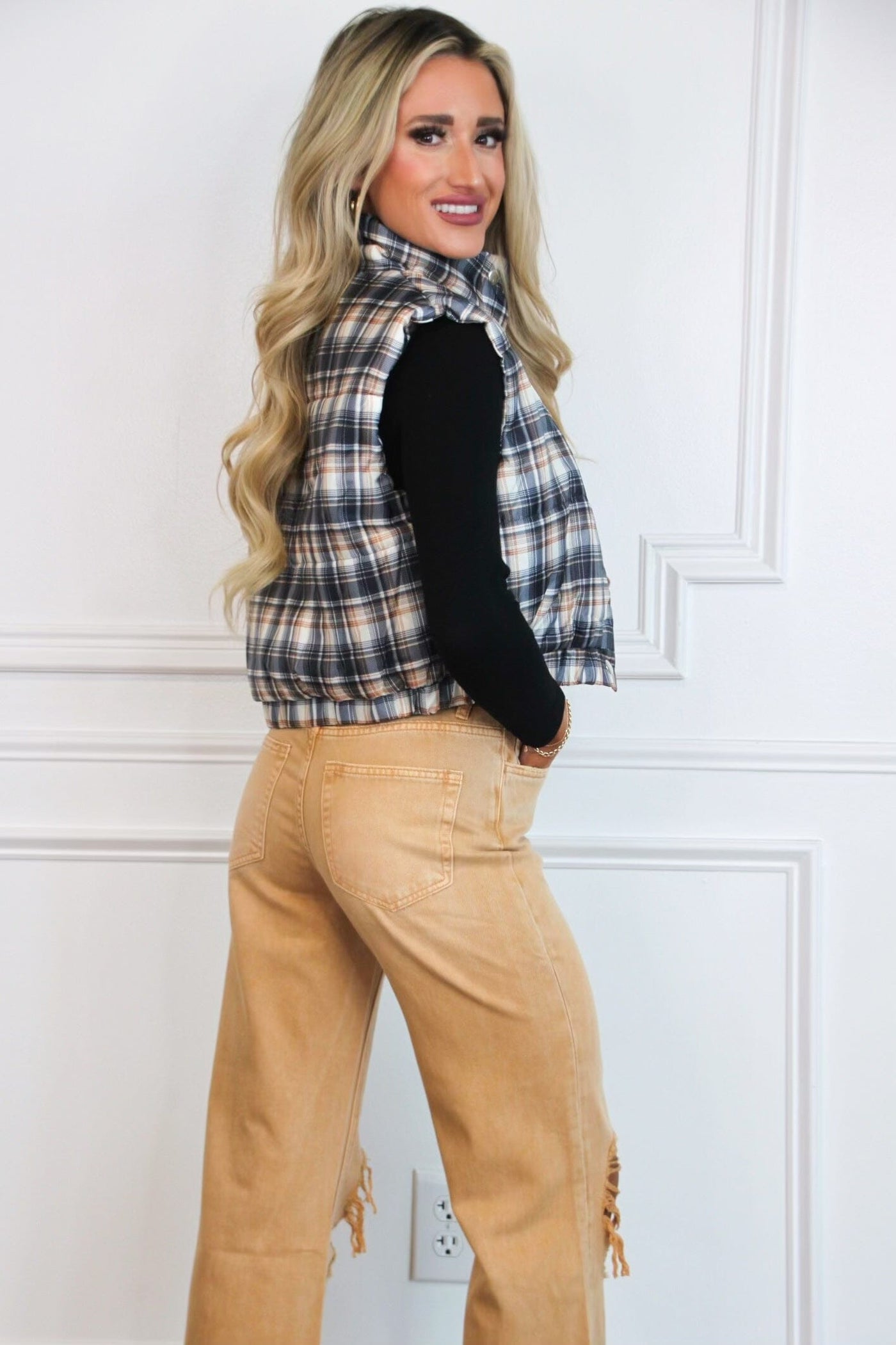 Phillip Plaid Puffer Vest: Navy Multi - Bella and Bloom Boutique