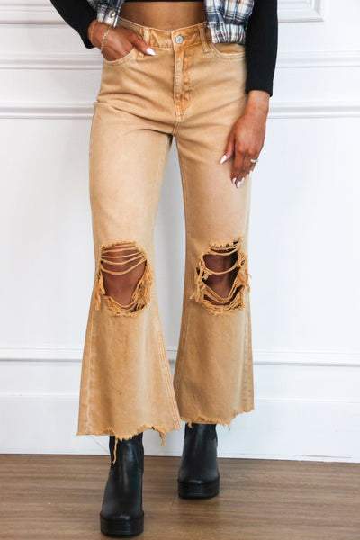 Leslie Distressed Straight High Waisted Crop Flare Denim: Tan - Bella and Bloom Boutique