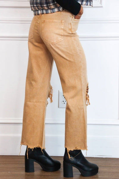 Leslie Distressed Straight High Waisted Crop Flare Denim: Tan - Bella and Bloom Boutique