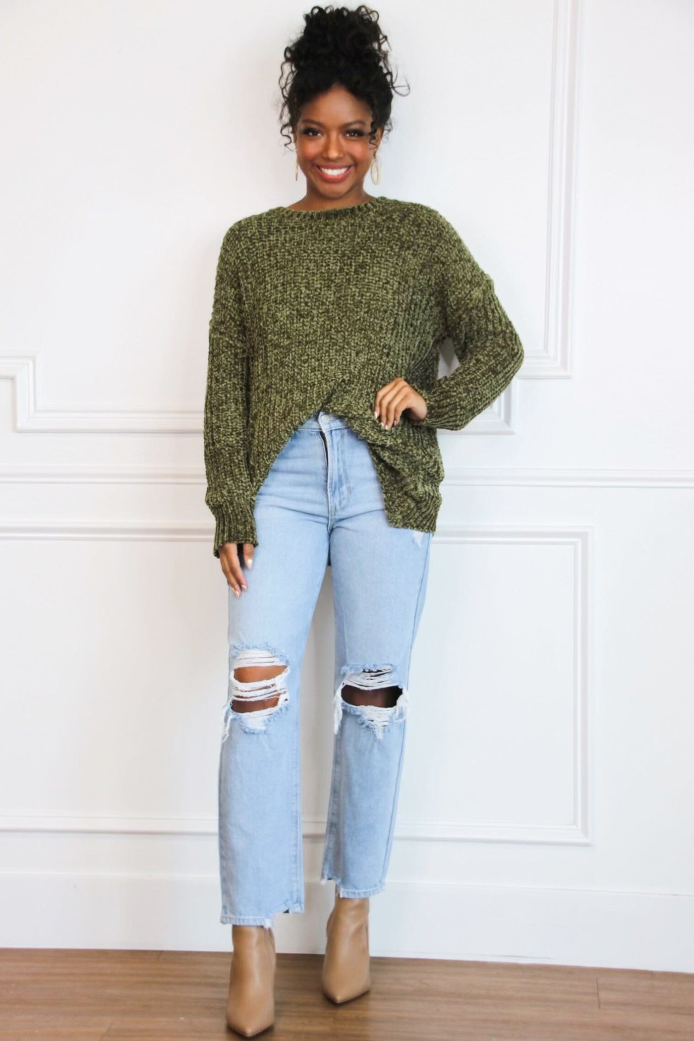 Cozy Crush Oversized Chenille Sweater Olive S M Olive