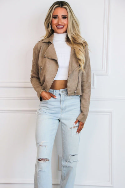 Gibson Suede Biker Jacket: Taupe - Bella and Bloom Boutique