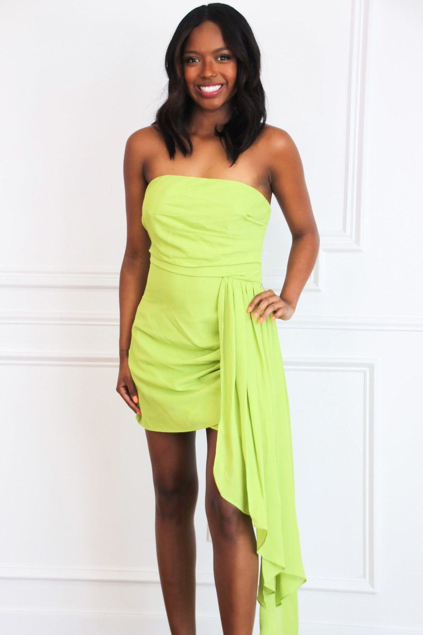 Make a Comeback Strapless Dress: Lime - Bella and Bloom Boutique