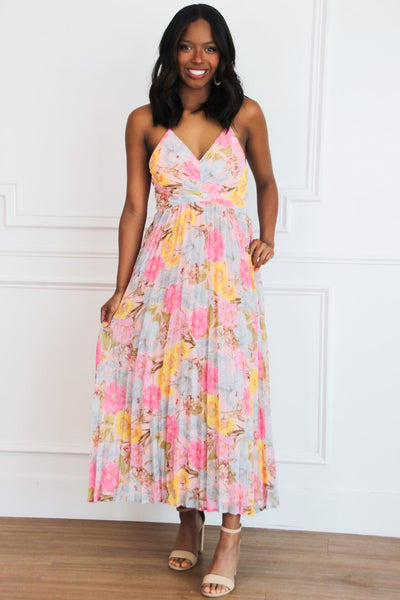 Camille Floral Pleated Midi Dress: Blue/Pink Multi - Bella and Bloom Boutique