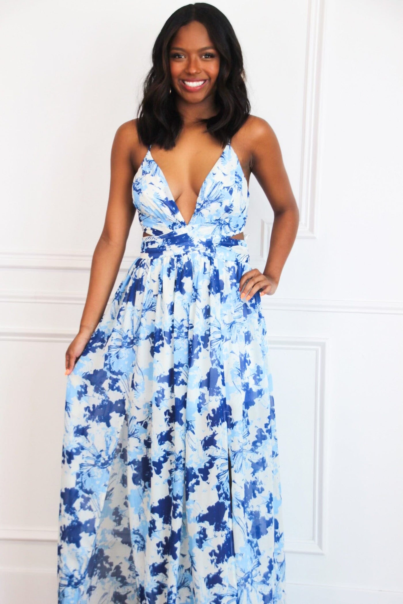 Waters Rising Cutout Maxi Dress: White/Blue Multi - Bella and Bloom Boutique