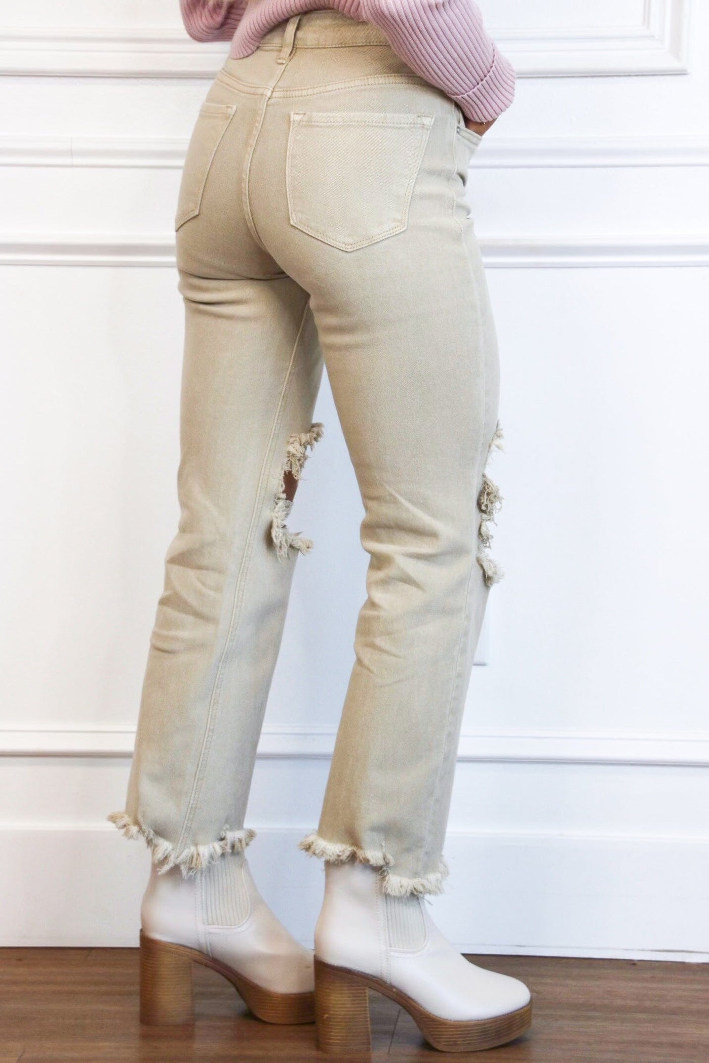 Riva Distressed High Rise Straight Denim: Sand Bottoms Bella and Bloom Boutique 