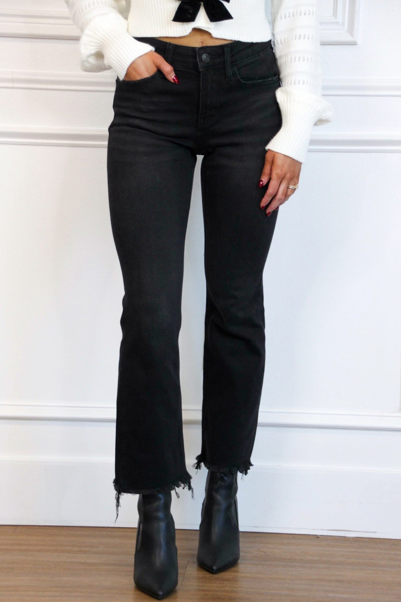 Jude Mid Rise Raw Hem Denim: Black - Bella and Bloom Boutique