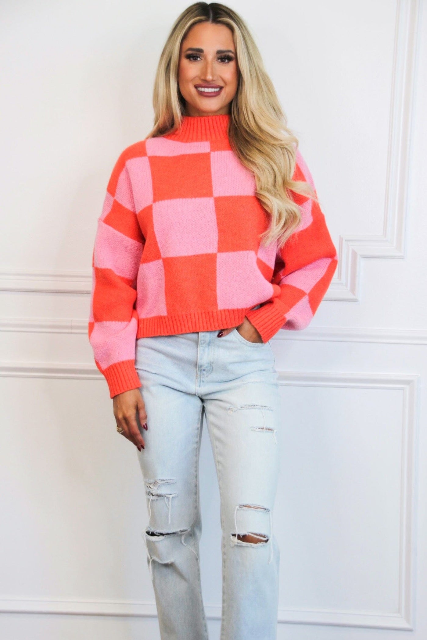 Keep It Cool Checkered Sweater: Pink/Orange - Bella and Bloom Boutique