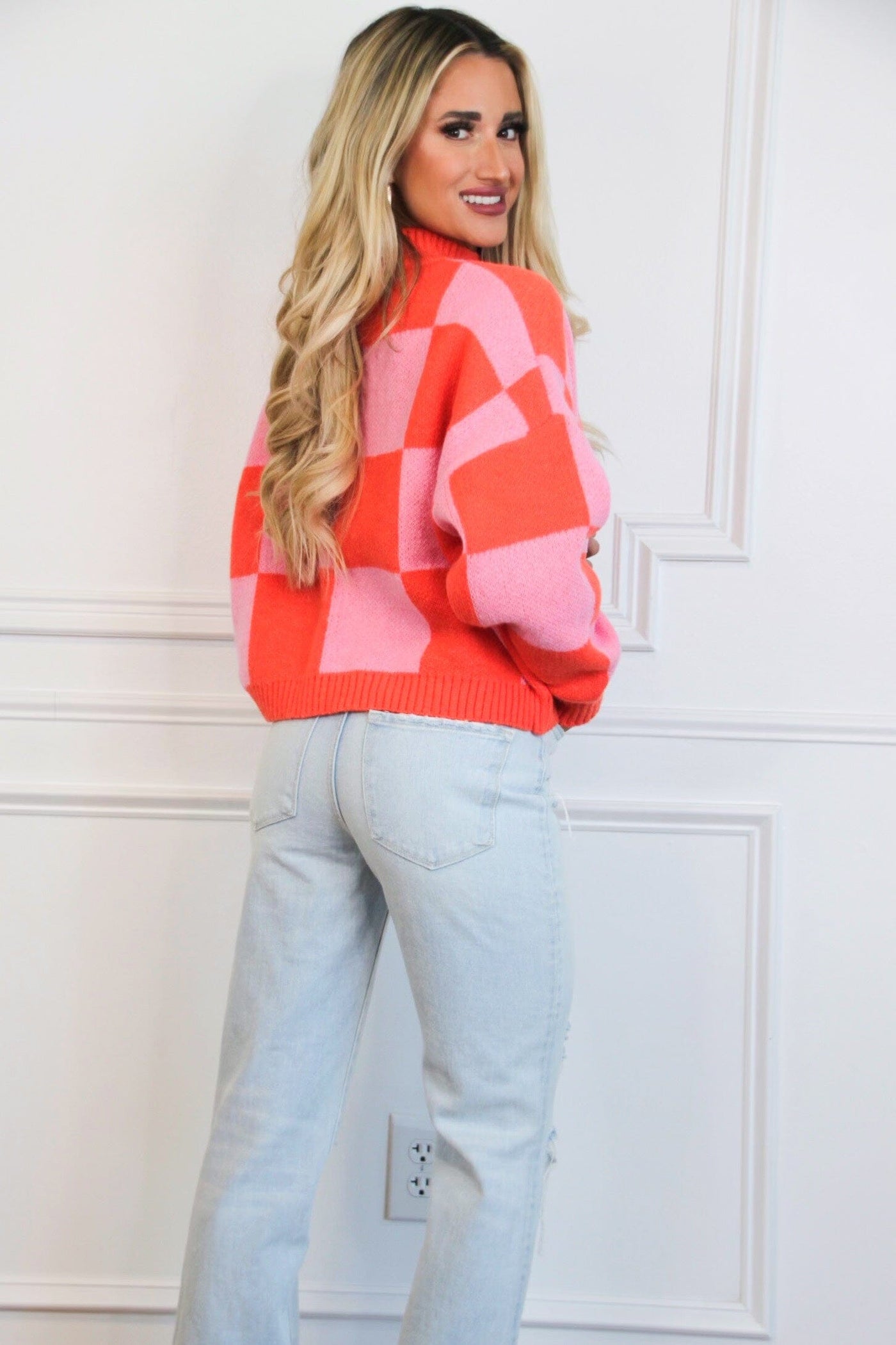 Keep It Cool Checkered Sweater: Pink/Orange - Bella and Bloom Boutique