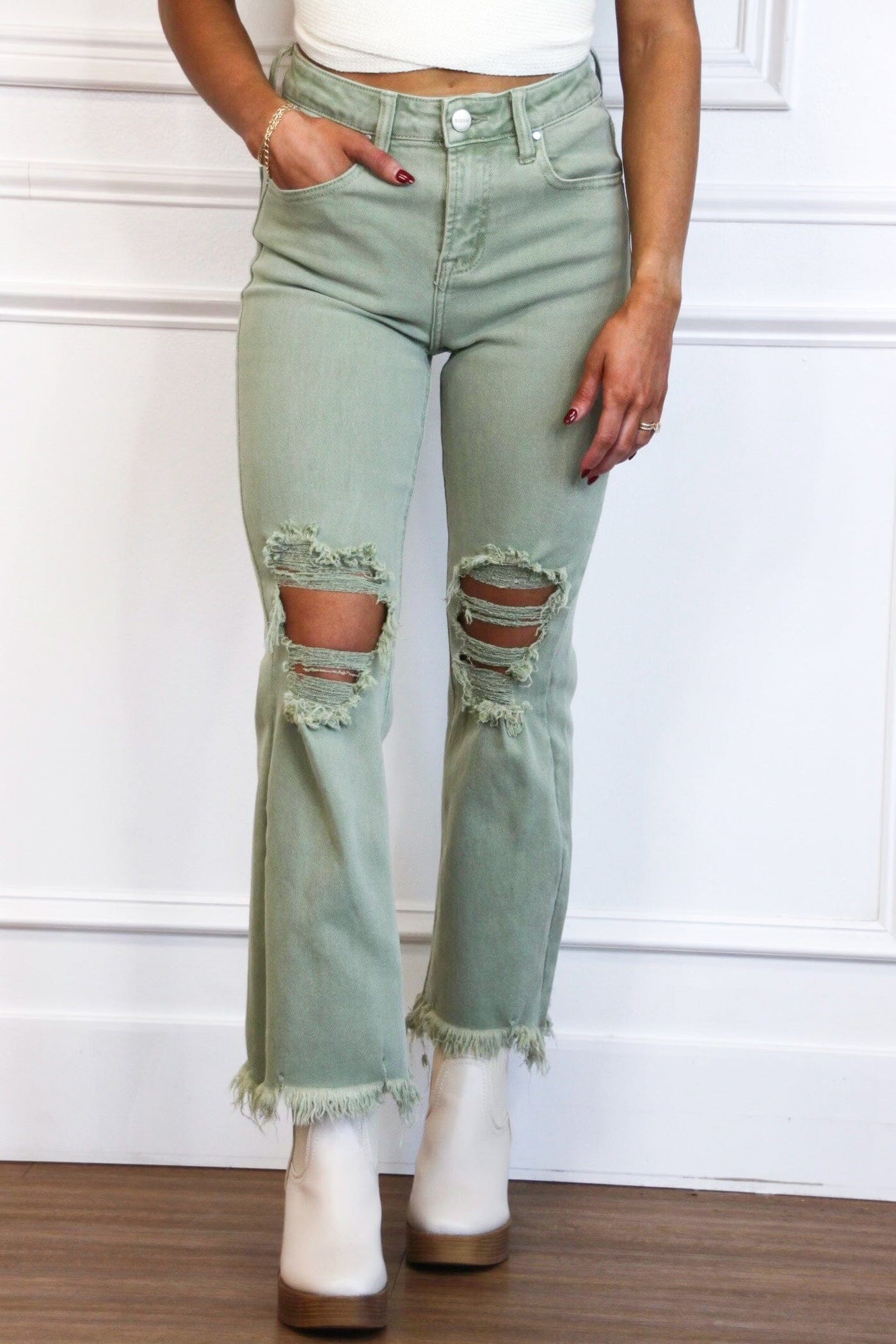 Riva Distressed High Rise Straight Denim: Olive - Bella and Bloom Boutique