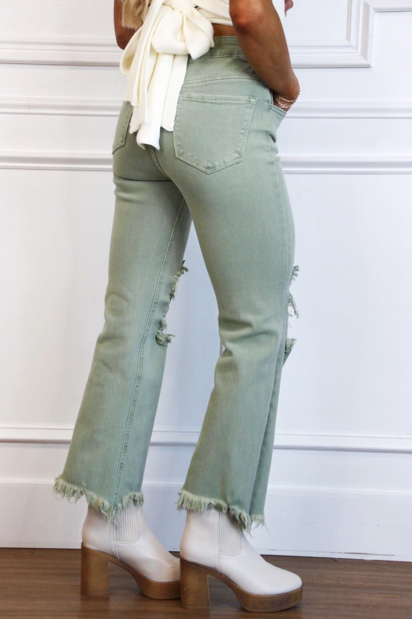 Riva Distressed High Rise Straight Denim: Olive - Bella and Bloom Boutique