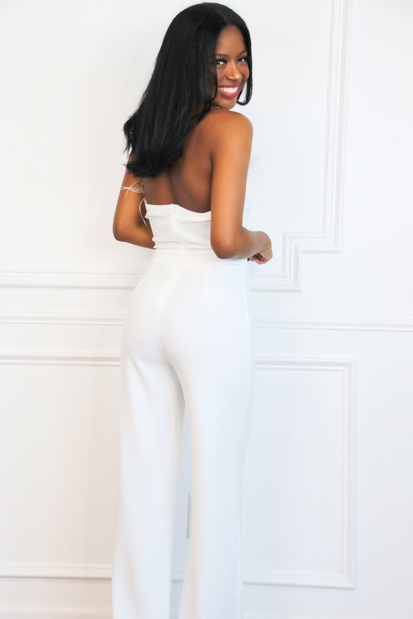 Parisa Embellished Belted Feather Jumpsuit: White - Bella and Bloom Boutique