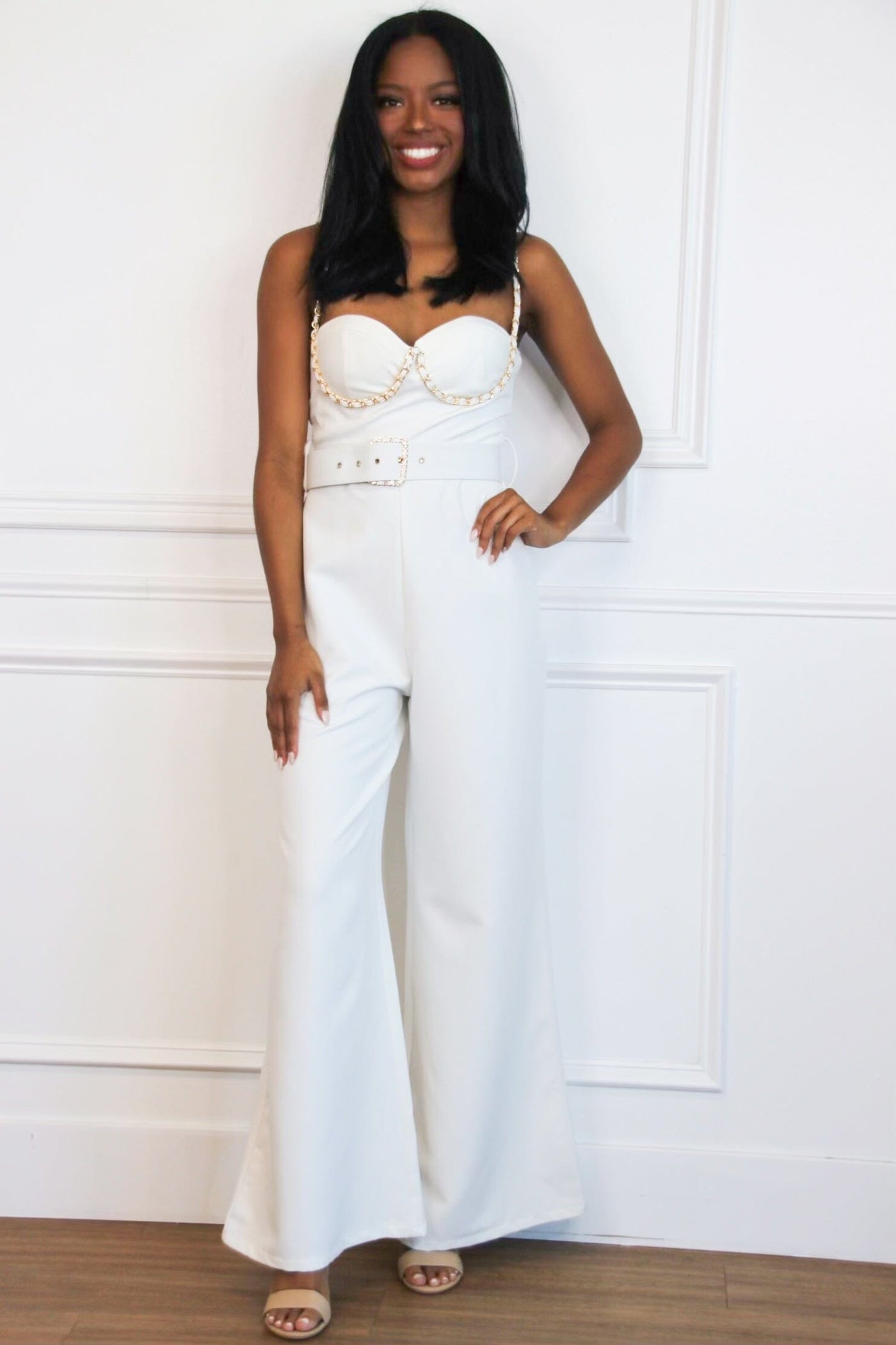 Devyn Chain Bustier Belted Jumpsuit: White - Bella and Bloom Boutique