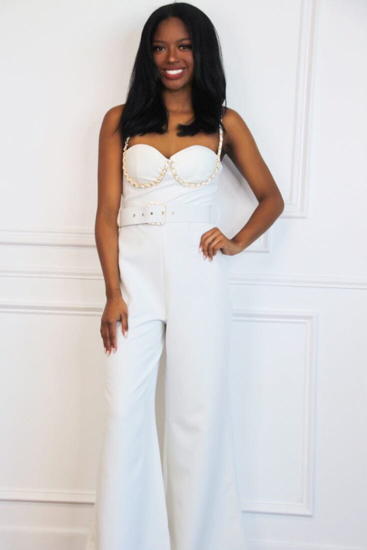 Devyn Chain Bustier Belted Jumpsuit: White - Bella and Bloom Boutique