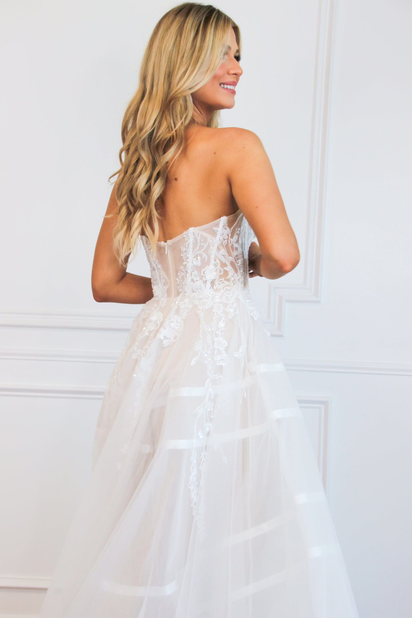 Penelope Detachable Off Shoulder Tulle Lace Bustier Wedding Dress: White/Nude - Bella and Bloom Boutique
