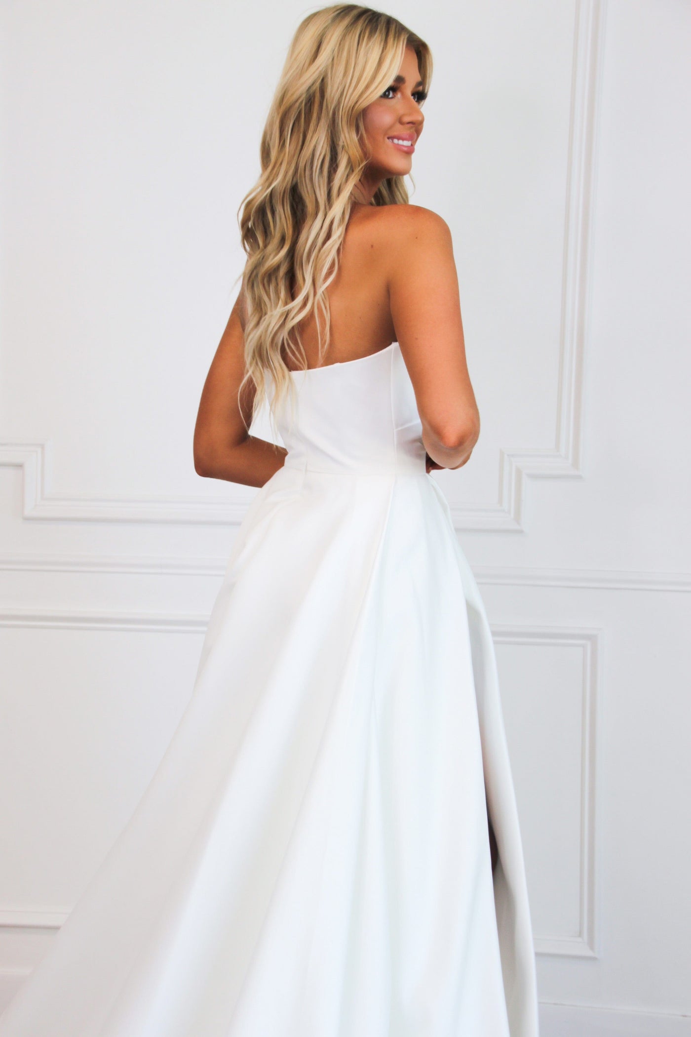 Bella and Bloom Boutique - Royal Affair Strapless Slit Ball Gown Wedding Dress: White Bella and Bloom Boutique - Royal Affair Strapless Slit Ball Gown Wedding Dress: White