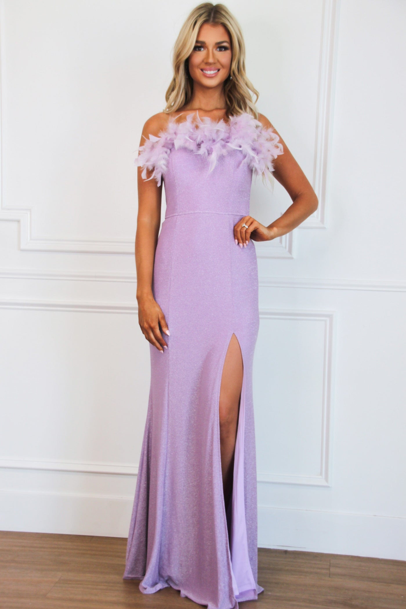 Look My Way Sparkly Feather Maxi Dress: Lavender - Bella and Bloom Boutique