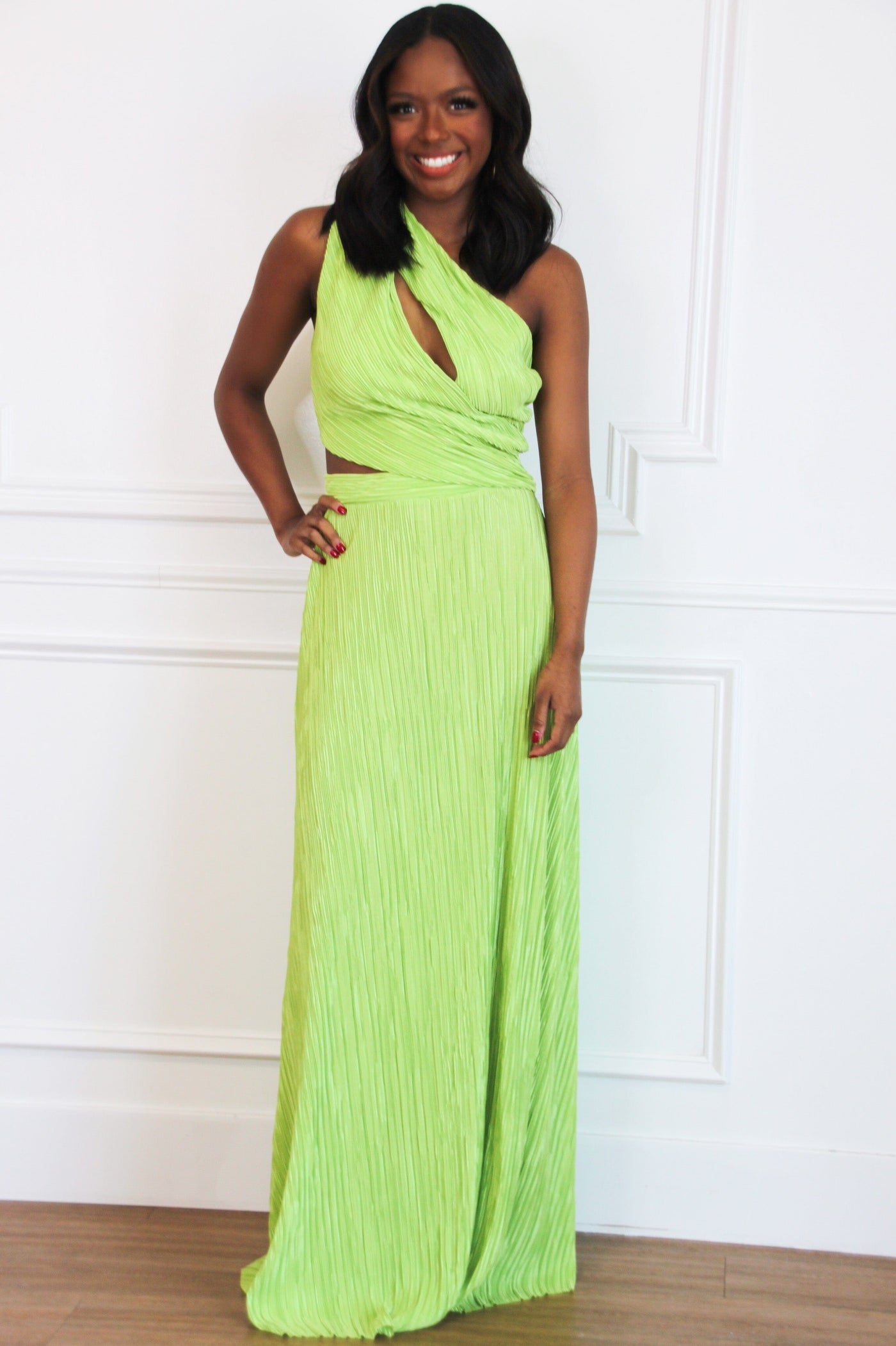 Kristen One Shoulder Cutout Pleated Maxi Dress: Bright Lime - Bella and Bloom Boutique