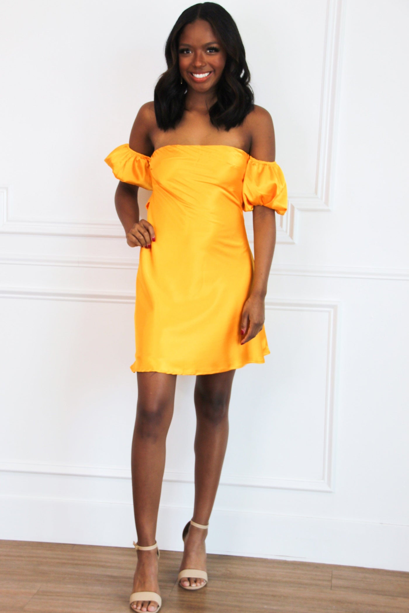 Satin Dress Mustard Color Off The Shoulder Dress Bella And Bloom