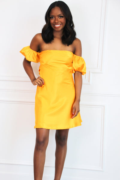 High Standards Satin Off Shoulder Dress: Mustard - Bella and Bloom Boutique