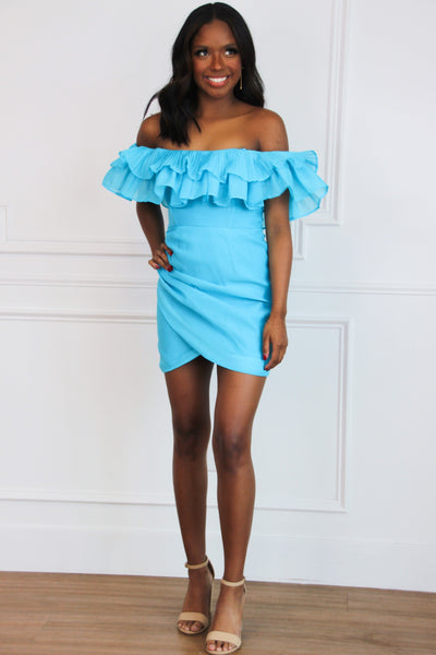 Too Pretty Ruffle Off Shoulder Dress: Bright Blue - Bella and Bloom Boutique