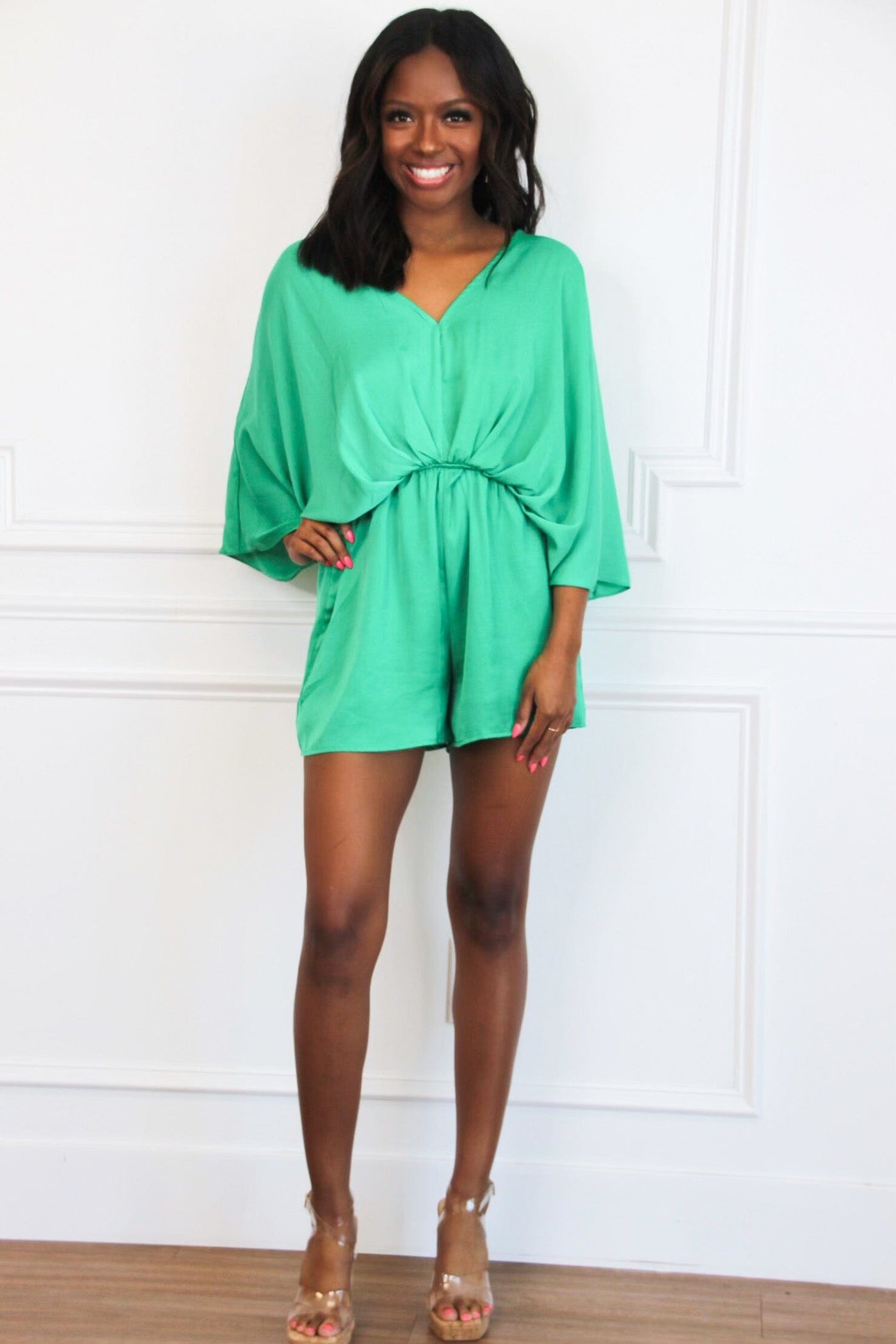 Jade Satin Kimono Sleeve Romper: Green - Bella and Bloom Boutique