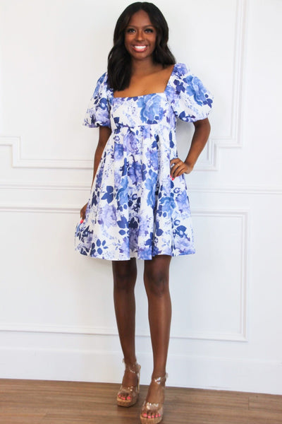 La La Land Floral Babydoll Dress: Blue/White - Bella and Bloom Boutique