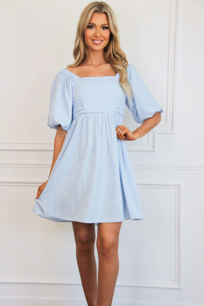 Avaleigh Bow Back Babydoll Dress: Light Blue - Bella and Bloom Boutique