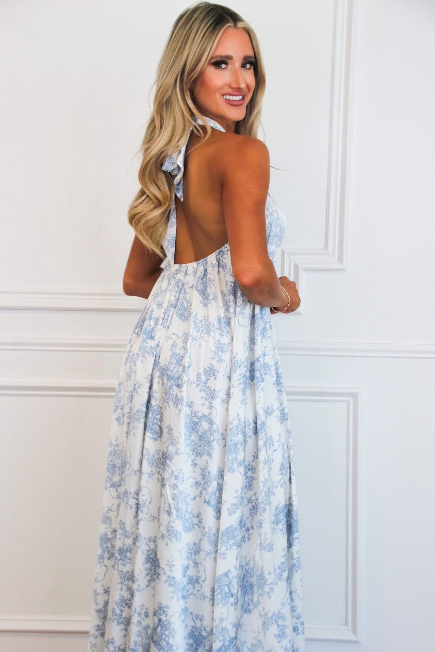 Abbey Floral Satin Halter Maxi Dress: White/Blue - Bella and Bloom Boutique