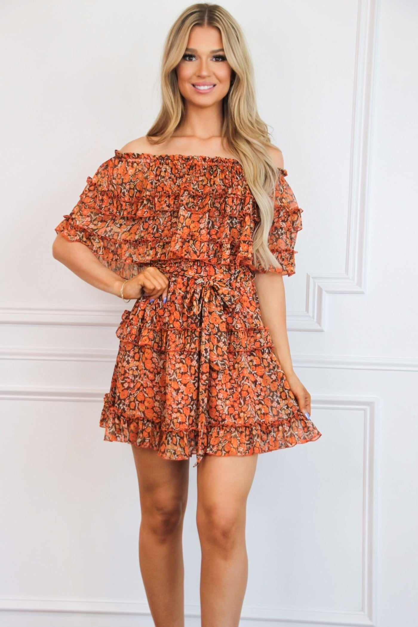 Fall Sweetness Off Shoulder Floral Dress: Orange Multi Bella and Bloom Boutique Fall Sweetness Off Shoulder Floral Dress: Orange Multi Bella and Bloom Boutique