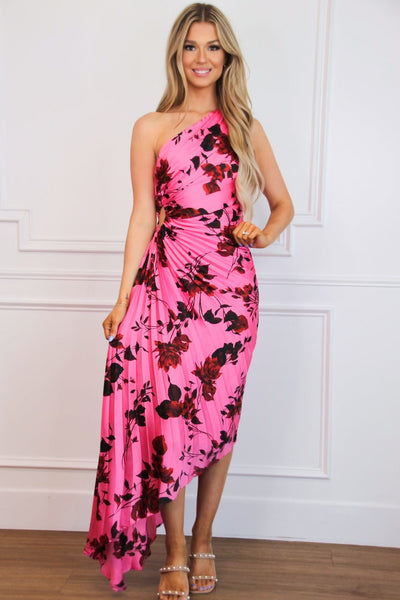 Novelle One Shoulder Pleated Floral Asymmetrical Maxi Dress: Rose Pink - Bella and Bloom Boutique