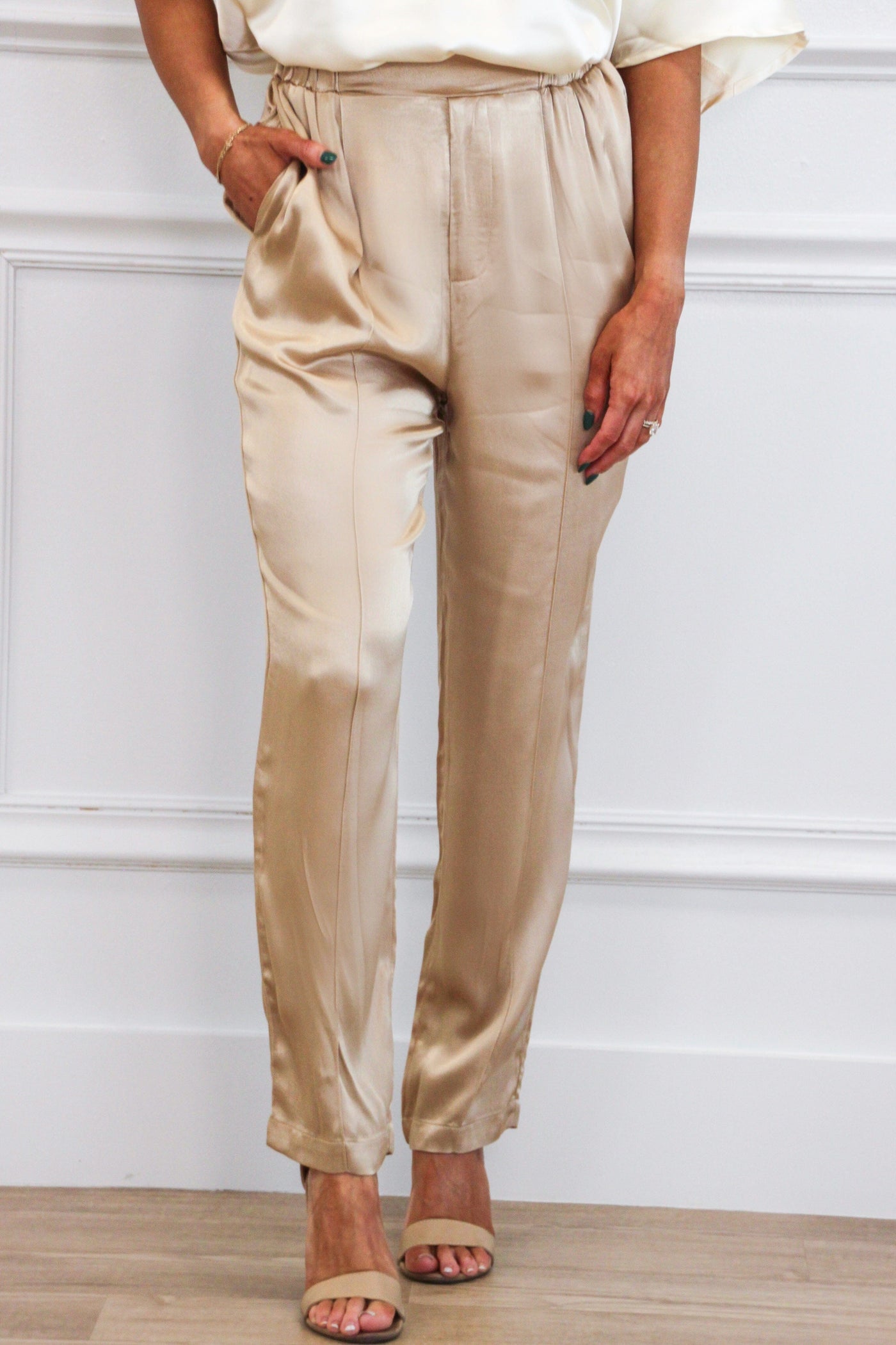 Vita High Waisted Satin Pants: Champagne Bottoms Bella and Bloom Boutique 