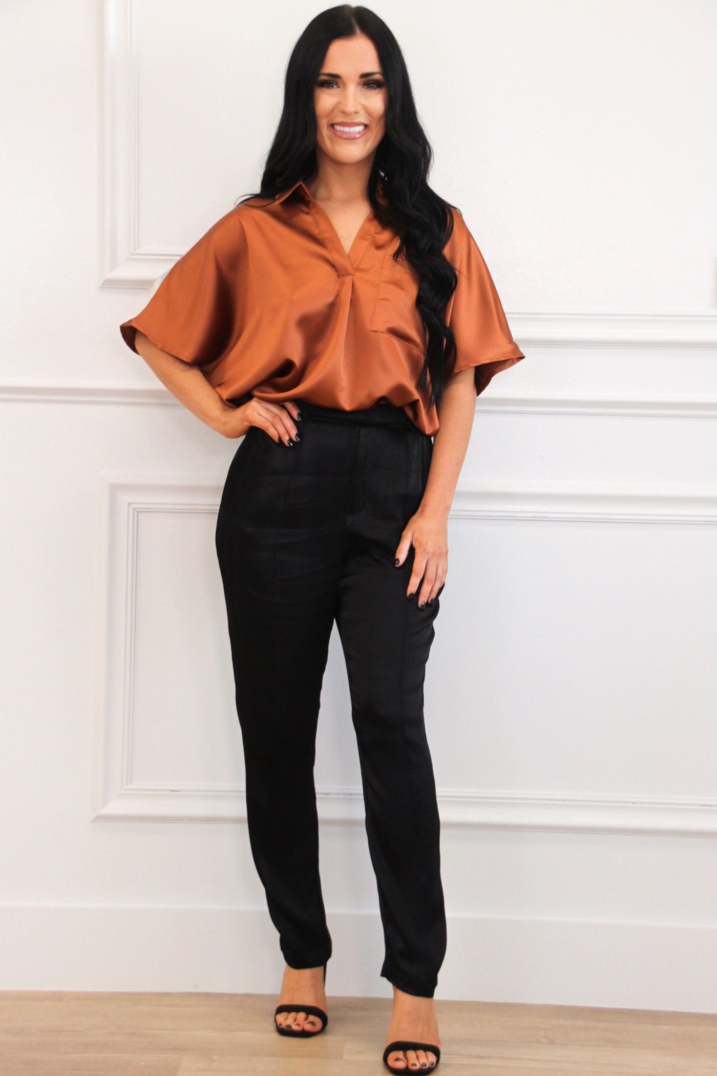 Vita High Waisted Satin Pants: Black Bottoms Bella and Bloom Boutique 