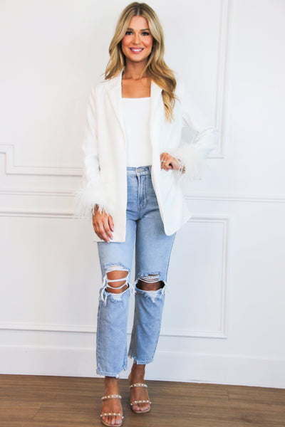 Betsy Oversized Feather Blazer: Ivory White - Bella and Bloom Boutique