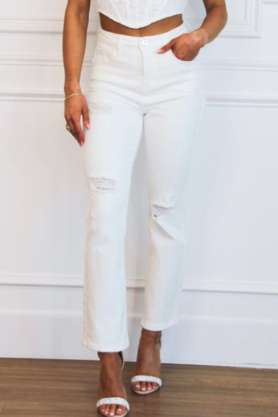 Irving Tummy Control Distressed Straight Denim: White - Bella and Bloom Boutique