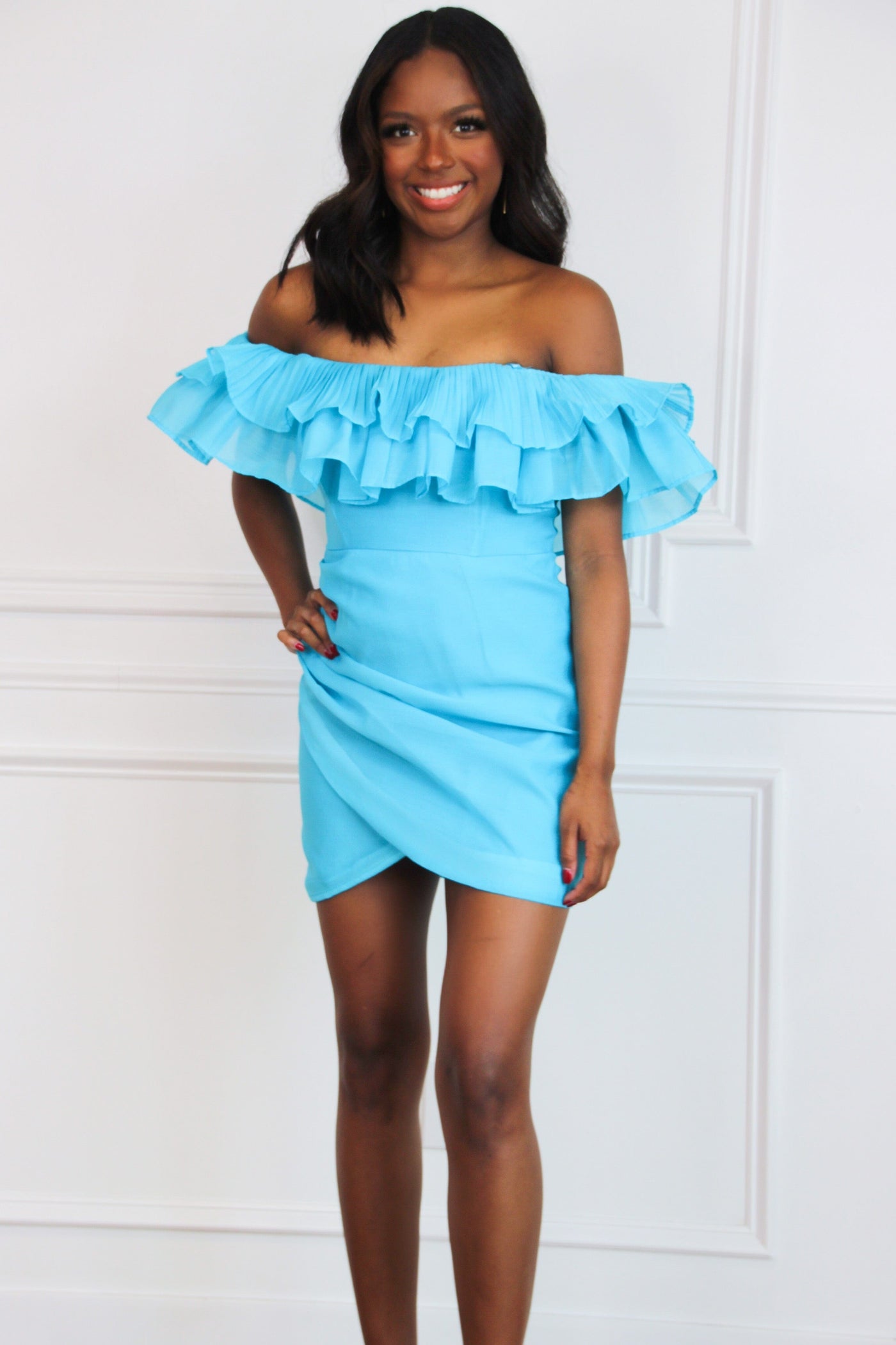 Too Pretty Ruffle Off Shoulder Dress: Bright Blue - Bella and Bloom Boutique