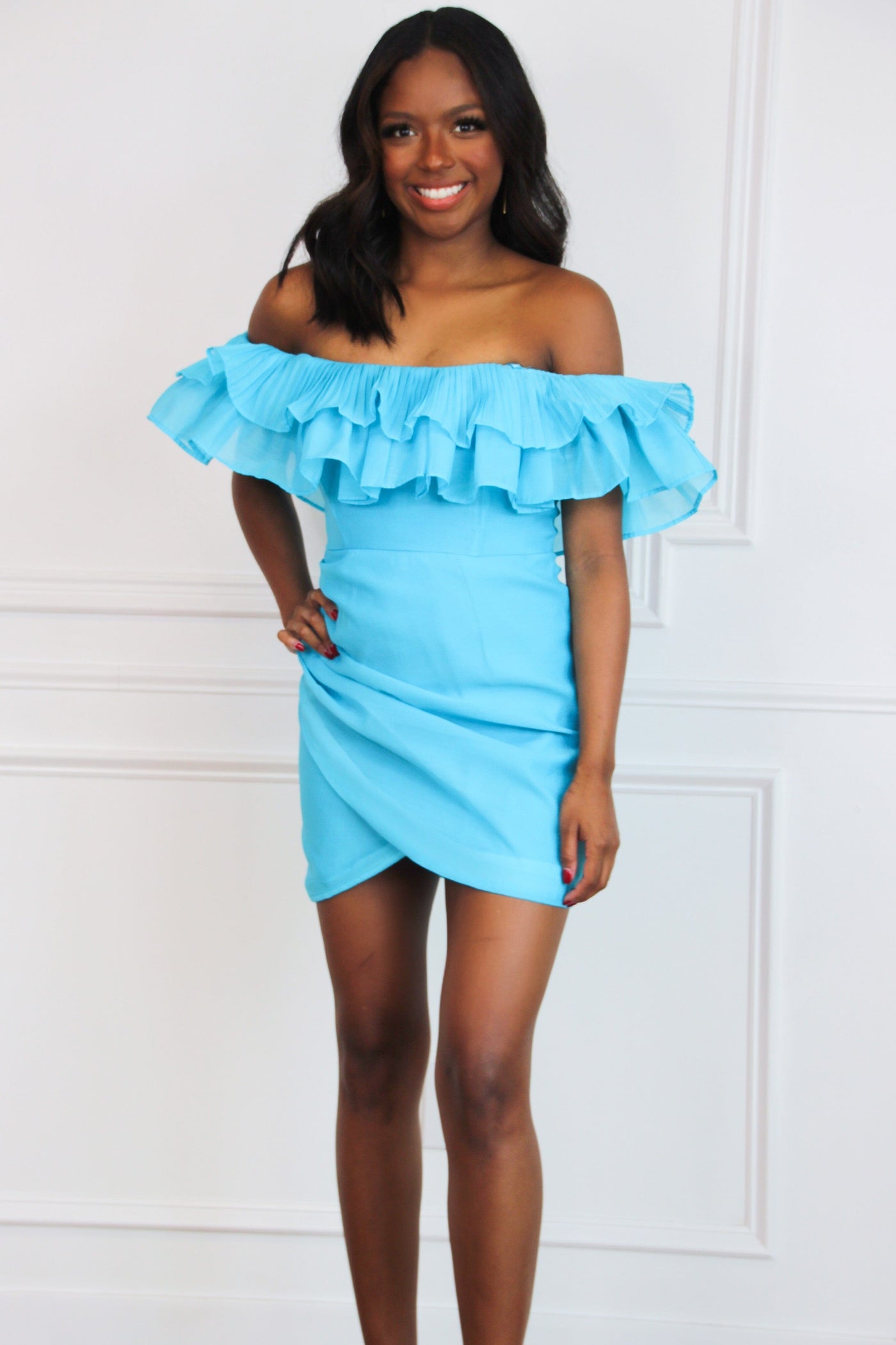 Too Pretty Ruffle Off Shoulder Dress: Bright Blue Bella and Bloom Boutique Too Pretty Ruffle Off Shoulder Dress: Bright Blue Bella and Bloom Boutique