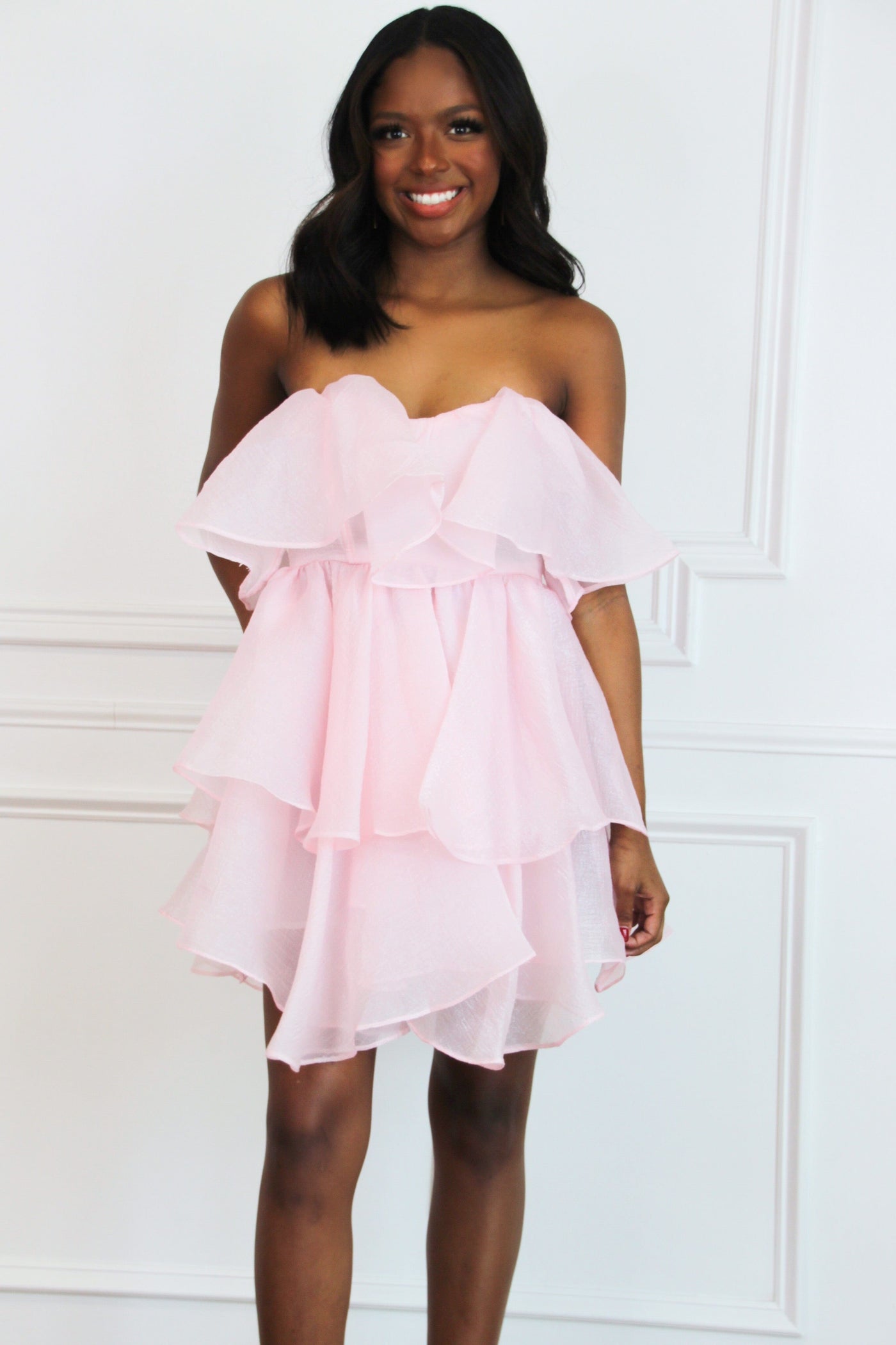 Constance Organza Tiered Ruffle Dress: Pale Blush - Bella and Bloom Boutique