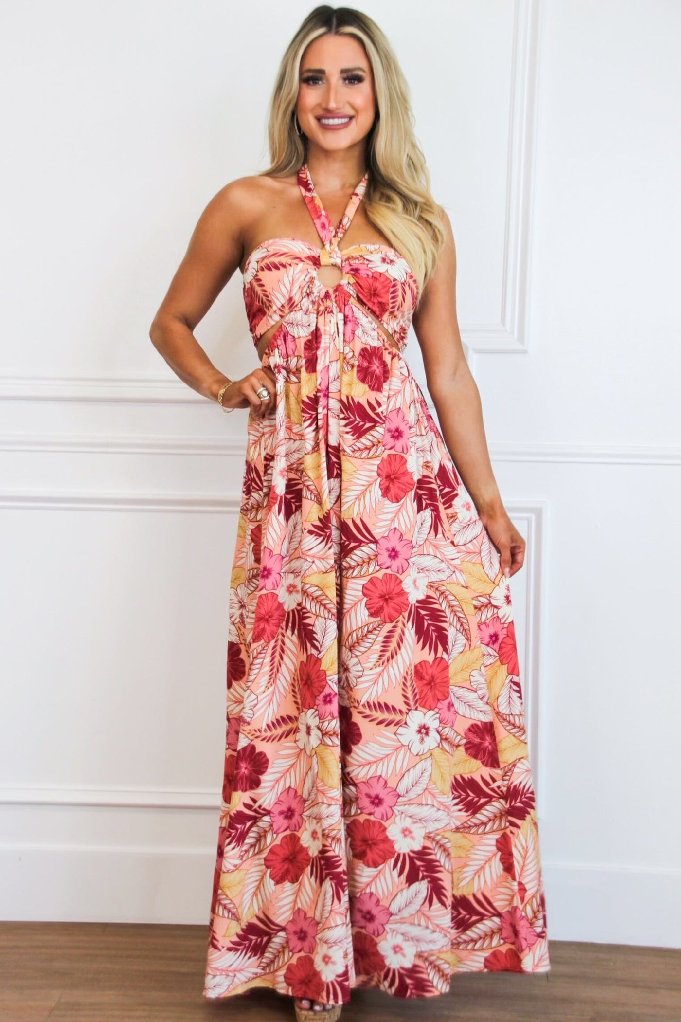 On Vacay Time Halter Cutout Floral Maxi Dress: Peach/Red Multi - Bella and Bloom Boutique